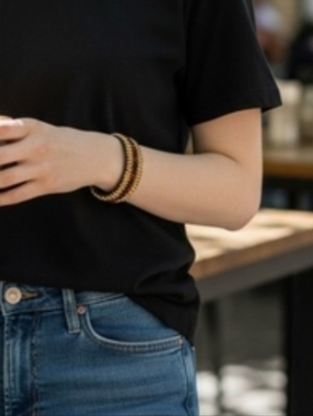 NWT Handmade Gold and Black Beaded Cuff Bracelet